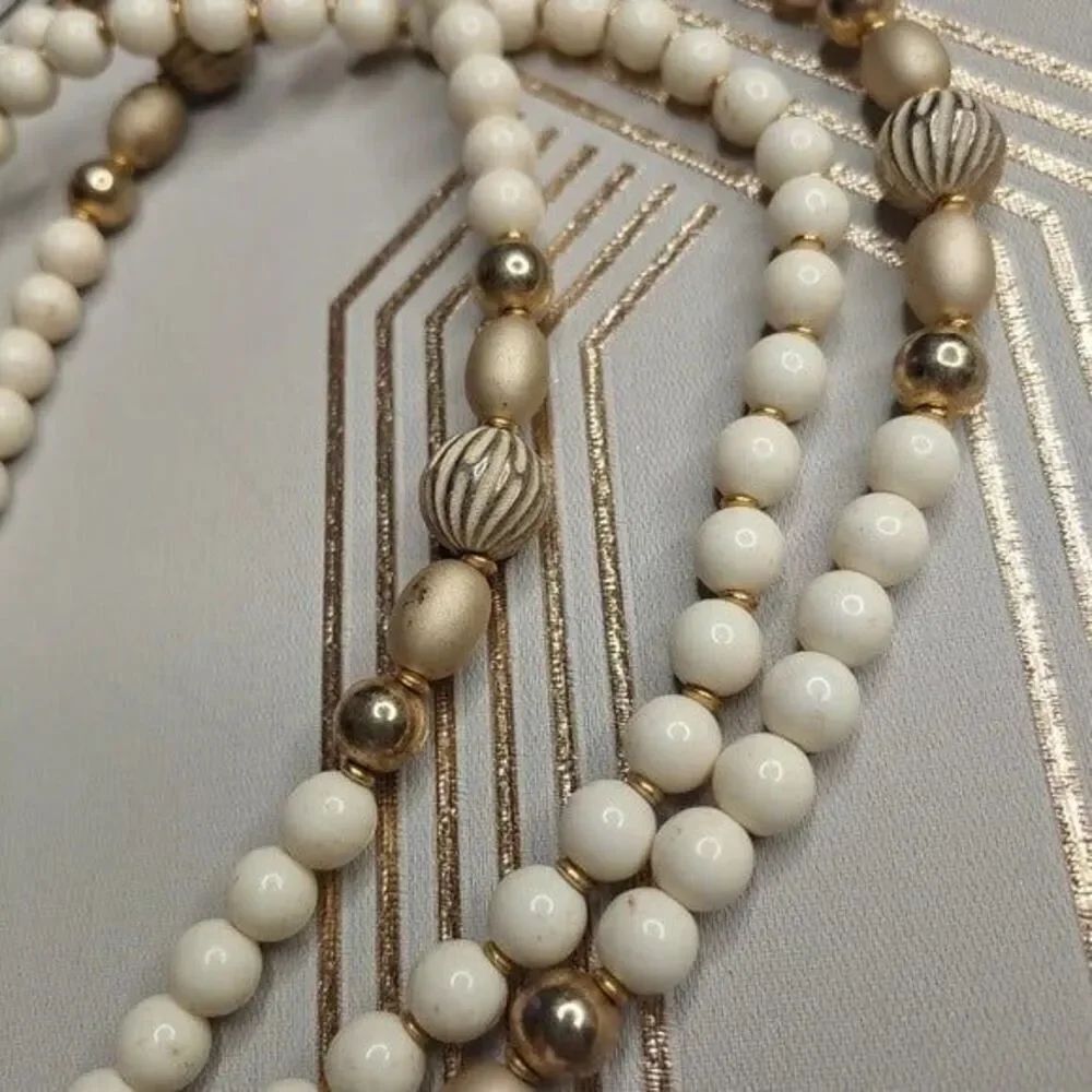 Vintage Alabaster White and Gold Triple Strand Necklace